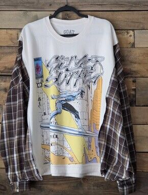 Upcycled Cream & Brown Plaid Sleeve  Silver Surfer Graphic Top